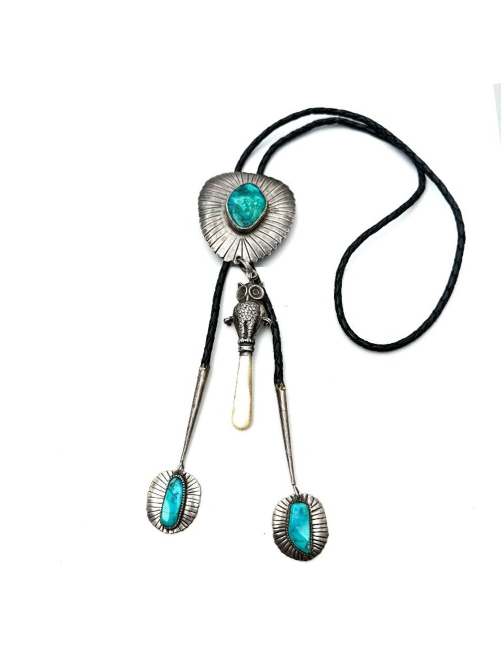 Native American Bolo Tie Signed WB Sterling Turquoise 105 Gram Unusual Owl
